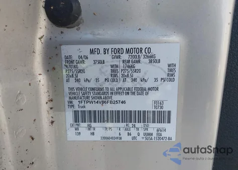 2006 Ford F-150 Fx4/Lariat/Xlt из США, поврежденный, VIN 1FTPW14V86FB25746